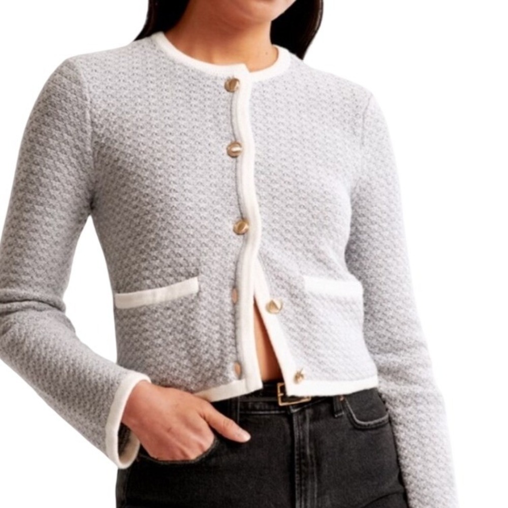 Abercrombie & Fitch Textured Crew Knit Sweater Cardigan Womens L Jacket Grey